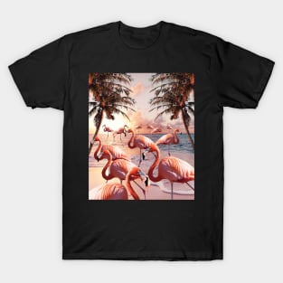 Flamingo Palm, Flamingos On Beach, Sunset Trees T-Shirt